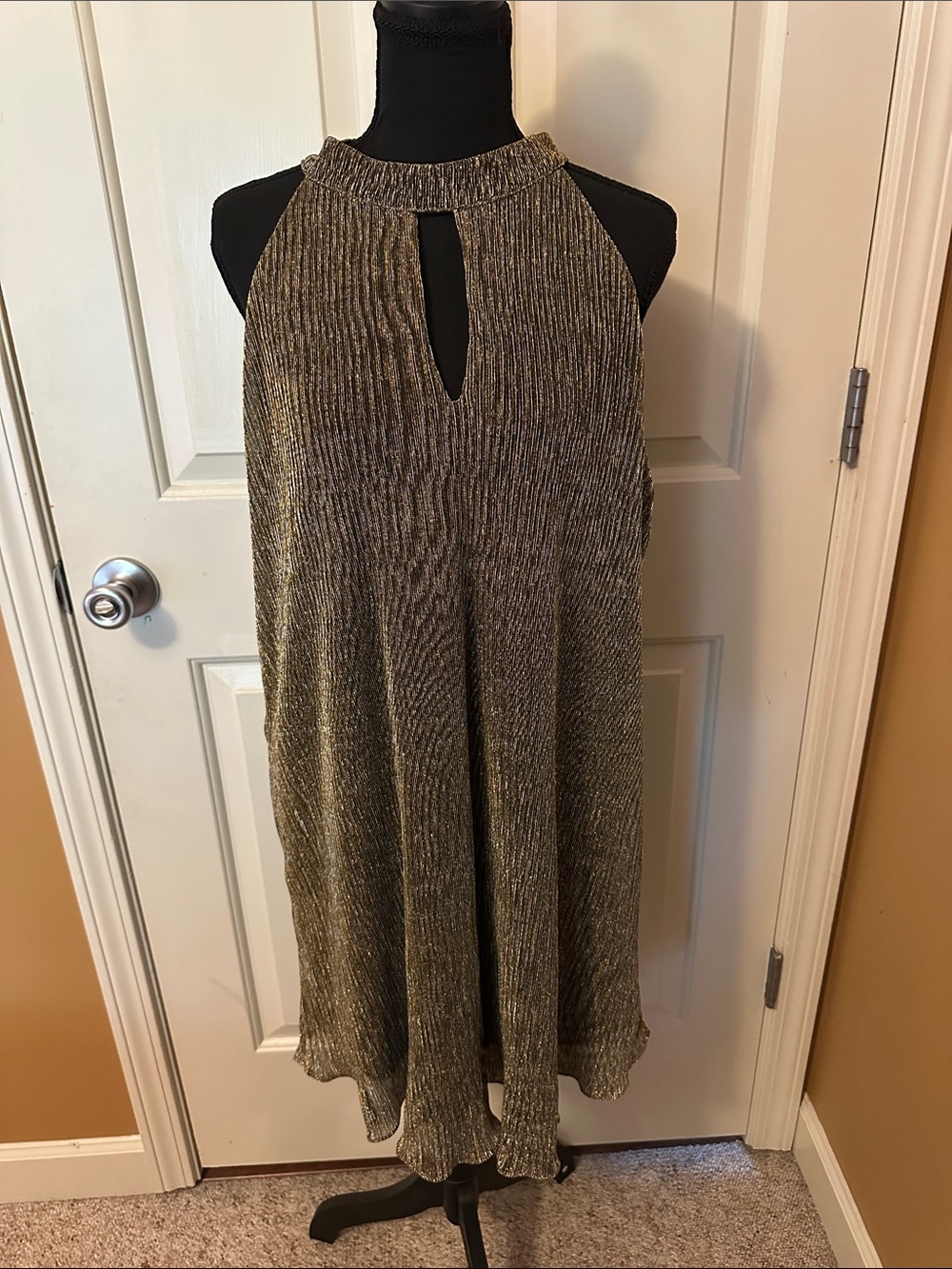 Halter Metallic Gold Pleated Midi Dress